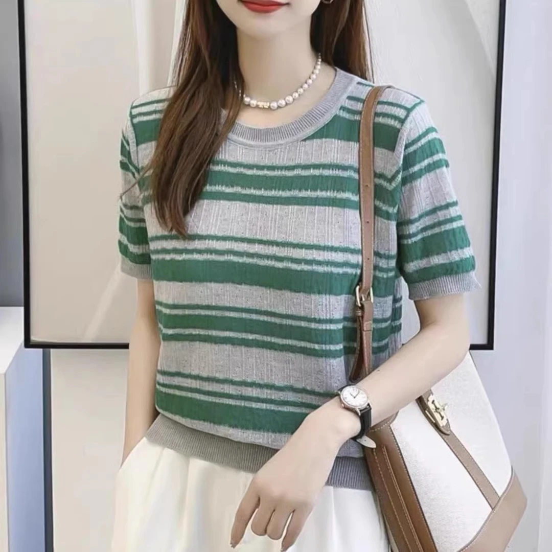 【绿灰短袖】夏季女装圆领夹色针织套头短袖显瘦时尚百搭上衣