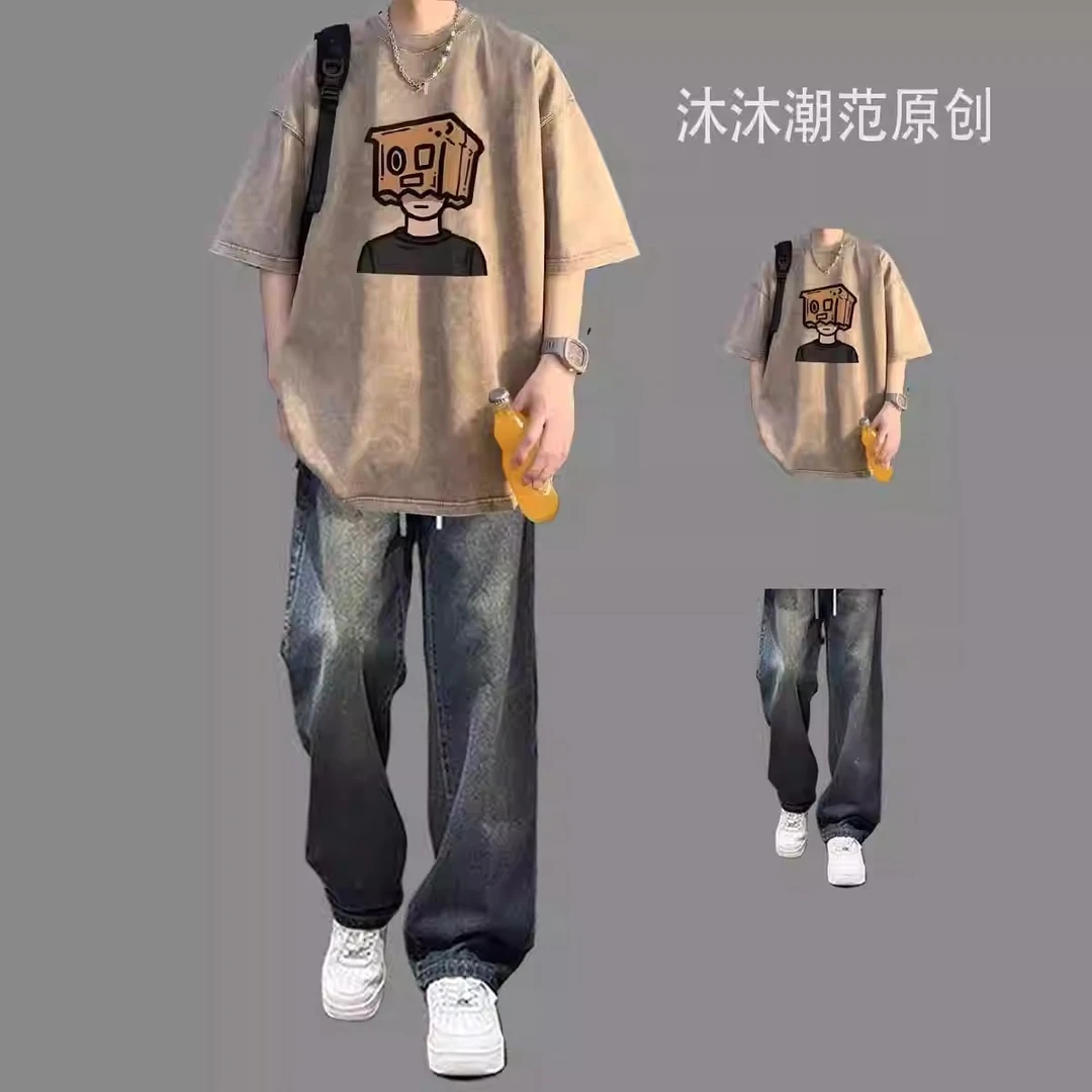 炸街短袖t恤套装夏季潮牌宽松做旧复古嘻哈两件套男士穿搭一整套