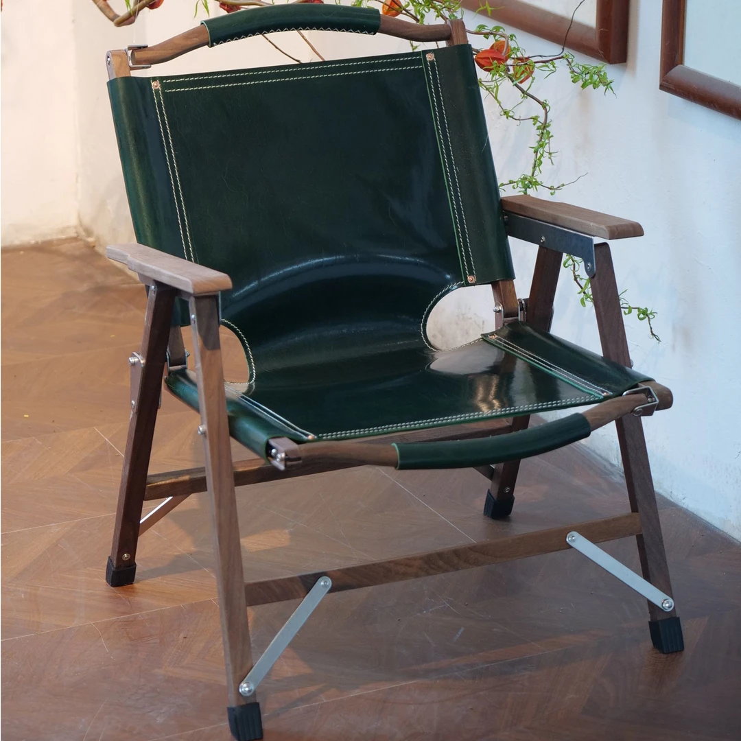 【 一物一拍】北美黑胡桃木真皮克米特椅休闲椅沙滩椅折叠轻奢美式