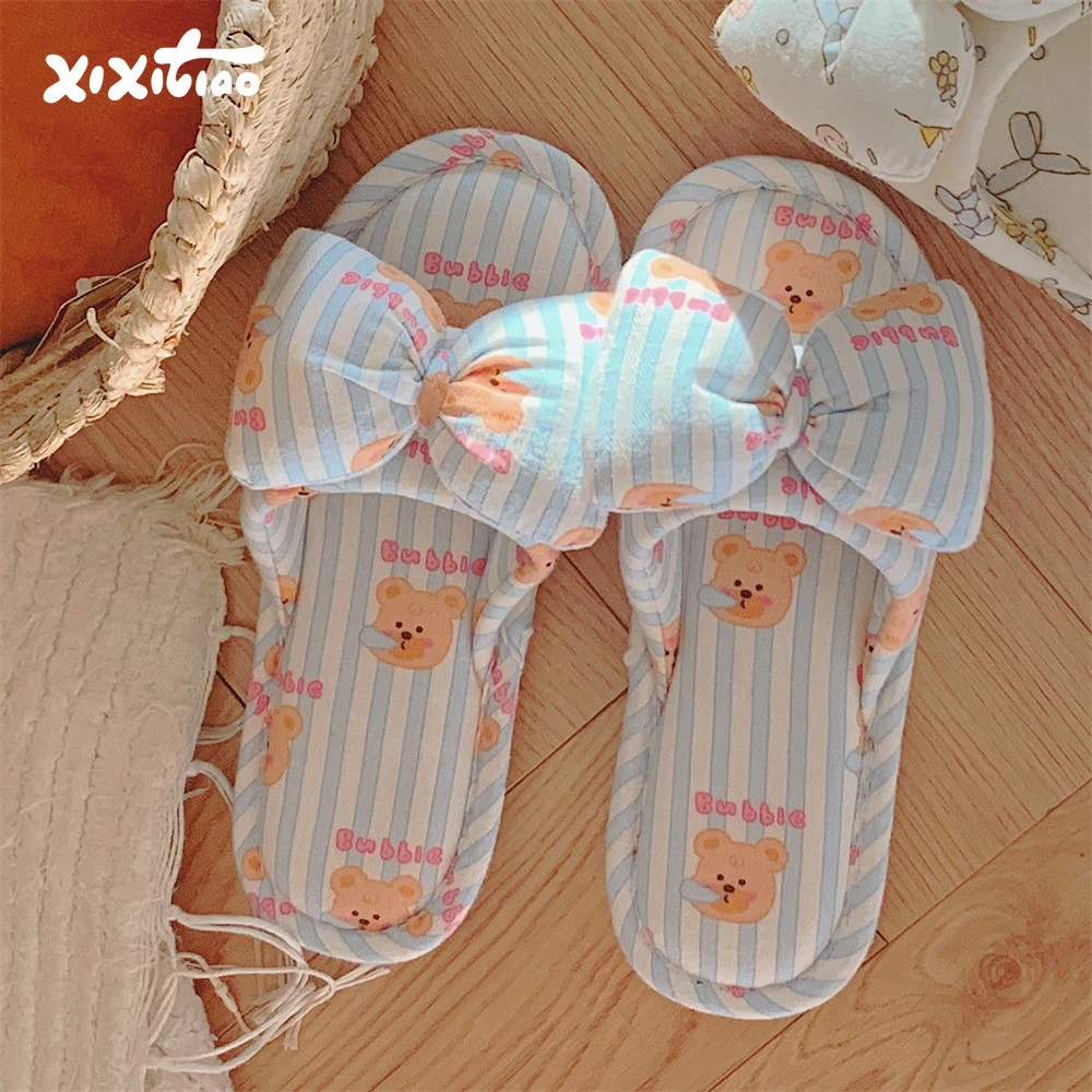 细细条 少女心蝴蝶结卧室家用地板鞋女可爱小熊舒适吸汗棉麻拖鞋