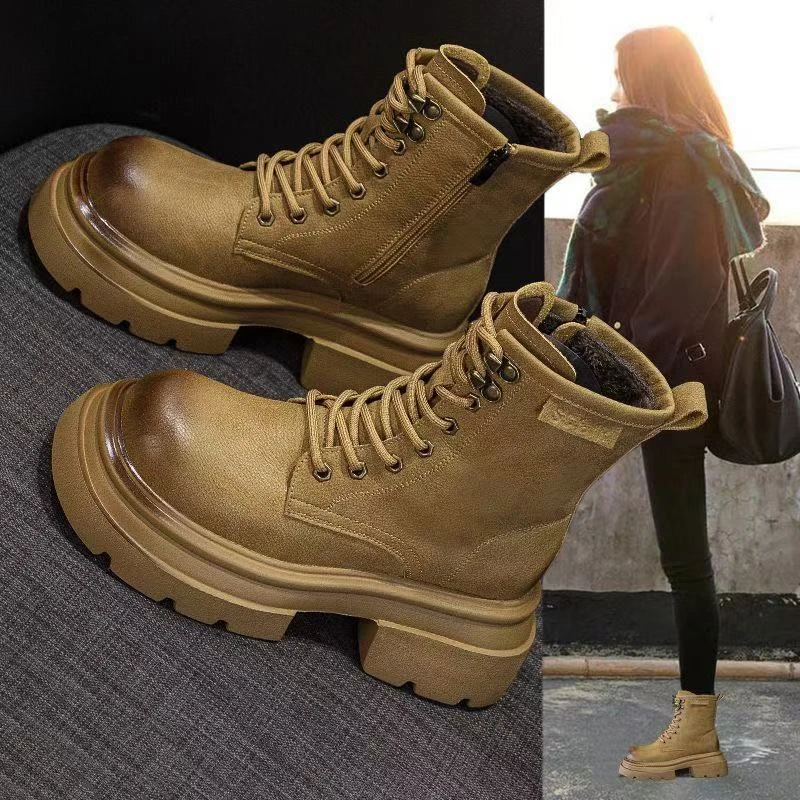 品牌断码厚底黄色复古马丁靴女2025秋冬新款英伦风中筒软皮大黄靴