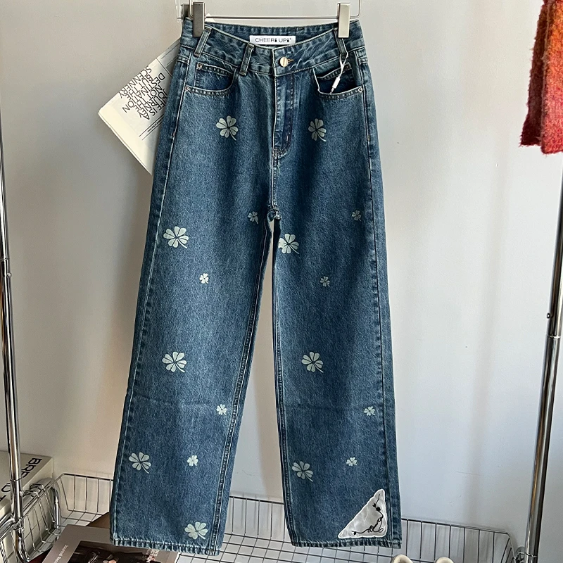 CHEERUPUNIFORM24秋冬新品幸运环绕蓝色牛仔裤高腰时尚百搭长款