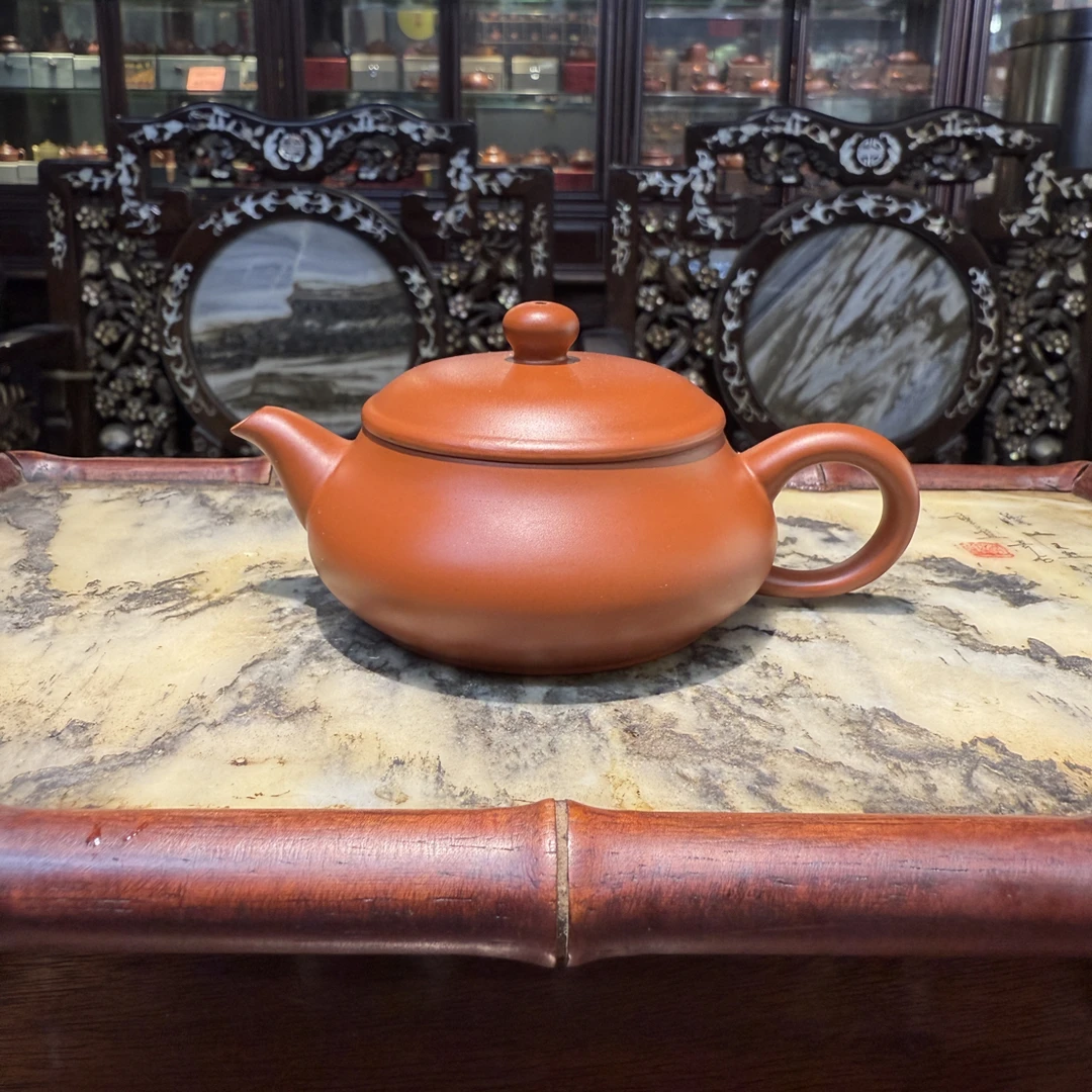 潮州朱泥原矿手拉壶大口明炉壶全手工朱泥大红袍紫砂壶110cc