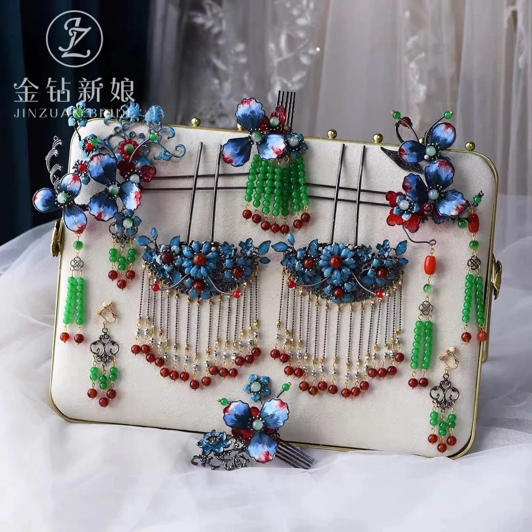 新娘明制婚礼头饰古风越剧编织复古结婚步摇纯手工金色百搭流苏