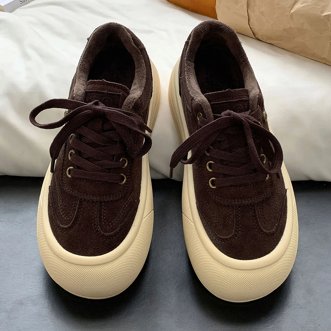 驼色低帮加绒保暖时尚厚底增高青春复古系带潮流港风小众休闲板鞋