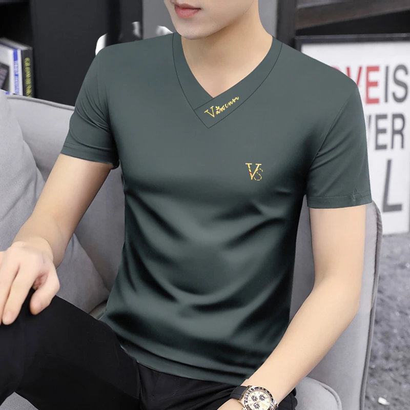 2026夏季男士V领印花透气短袖体恤新款宽松运动打底汗衫上衣服装