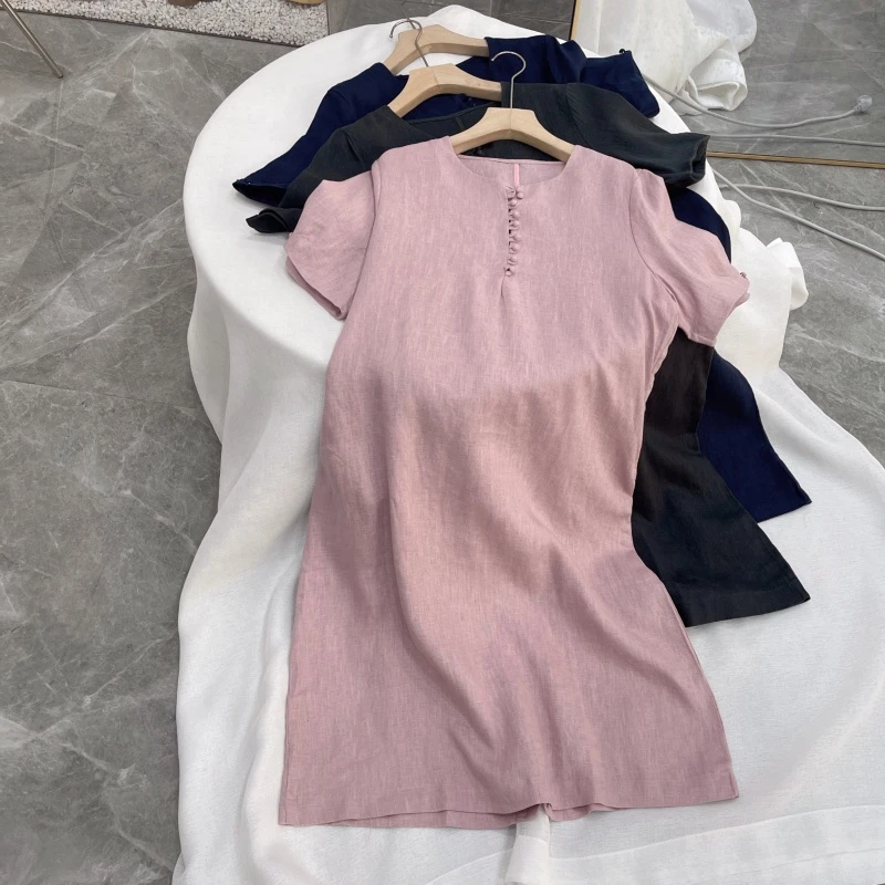 A805~100%亚麻 宽松设计感中式国风立领改良旗袍长裙女式