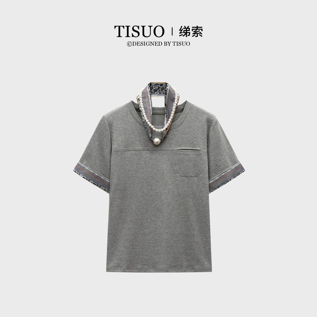 TISUO/绨索“圣彼得学院”圆领碎花拼接珍珠丝带上衣TS540405