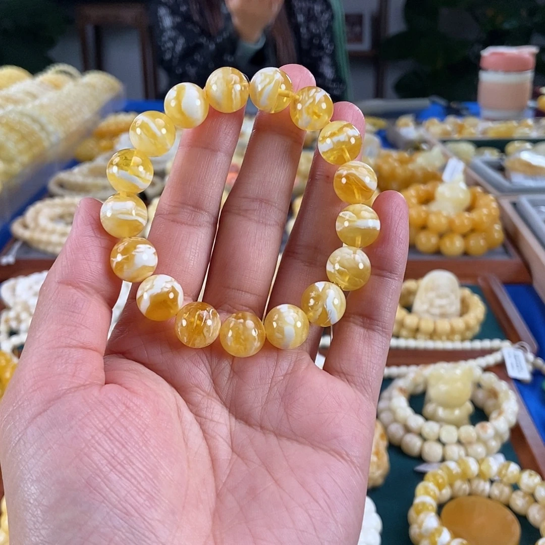 琥珀未镶嵌珠宝奇石12+金瓷白虎皮圆珠16.9