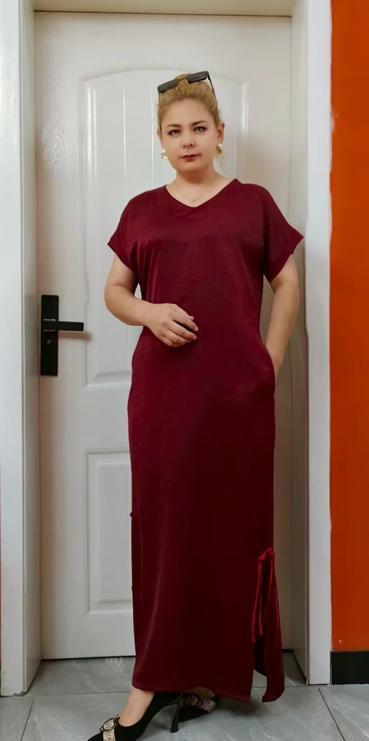 夏季新款纯色中长款V领开叉显瘦连衣裙1818