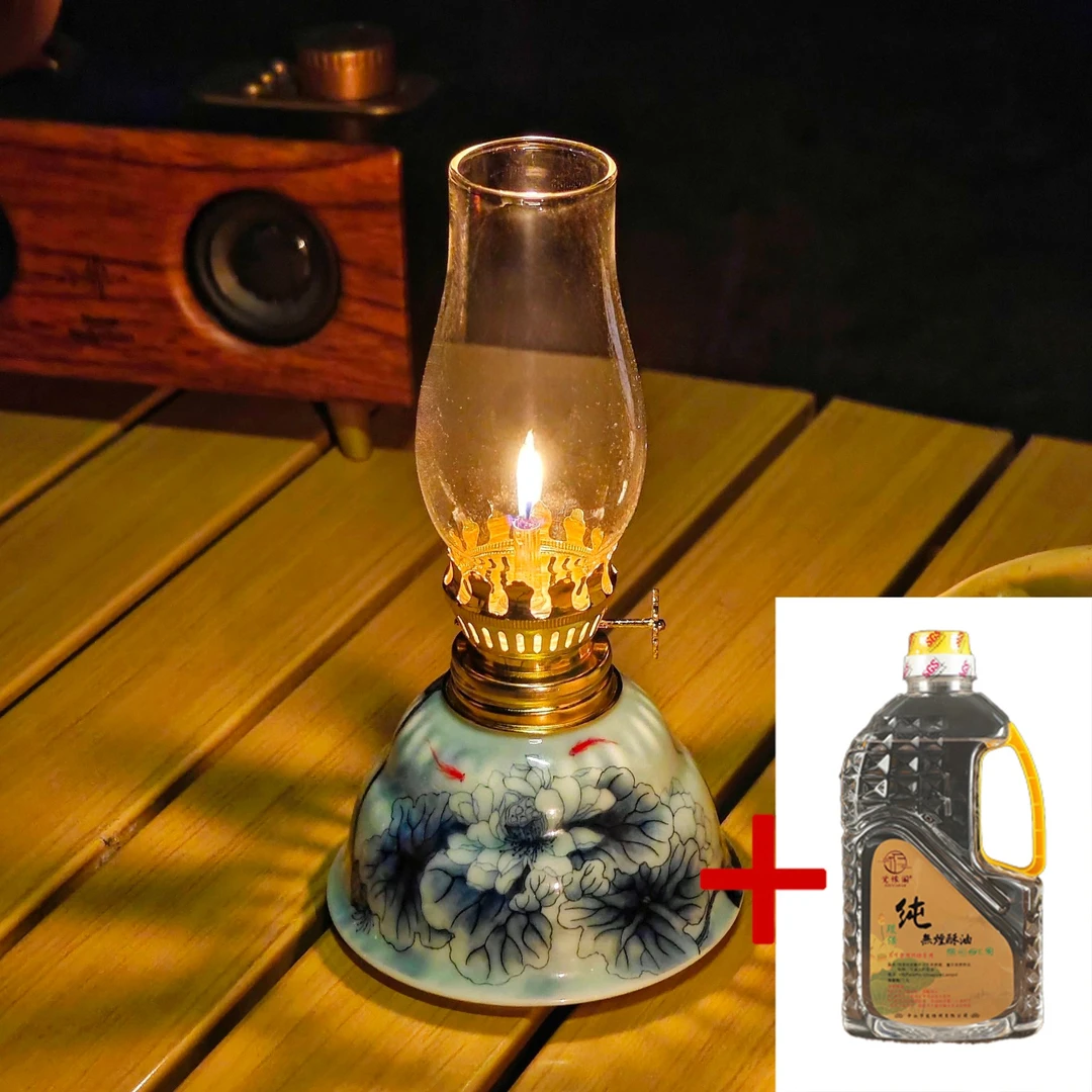 水墨风荷塘月色陶瓷酥油灯氛围灯摆件复古家用青花露营供佛烛台