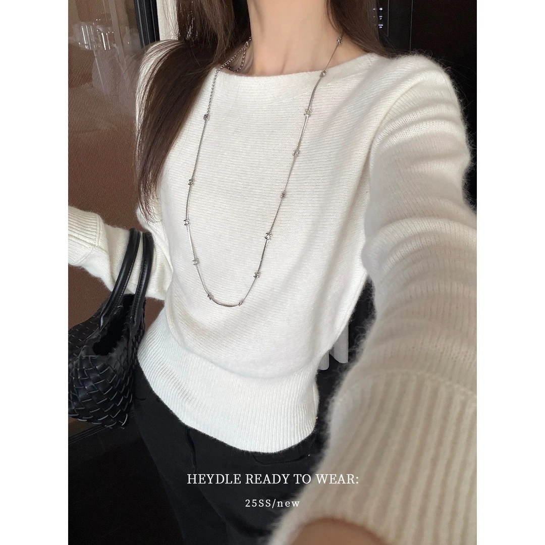 黑豆哼哼 韩系欧尼*羊毛混纺蝙蝠袖船领毛衣气质短款收腰针织衫女