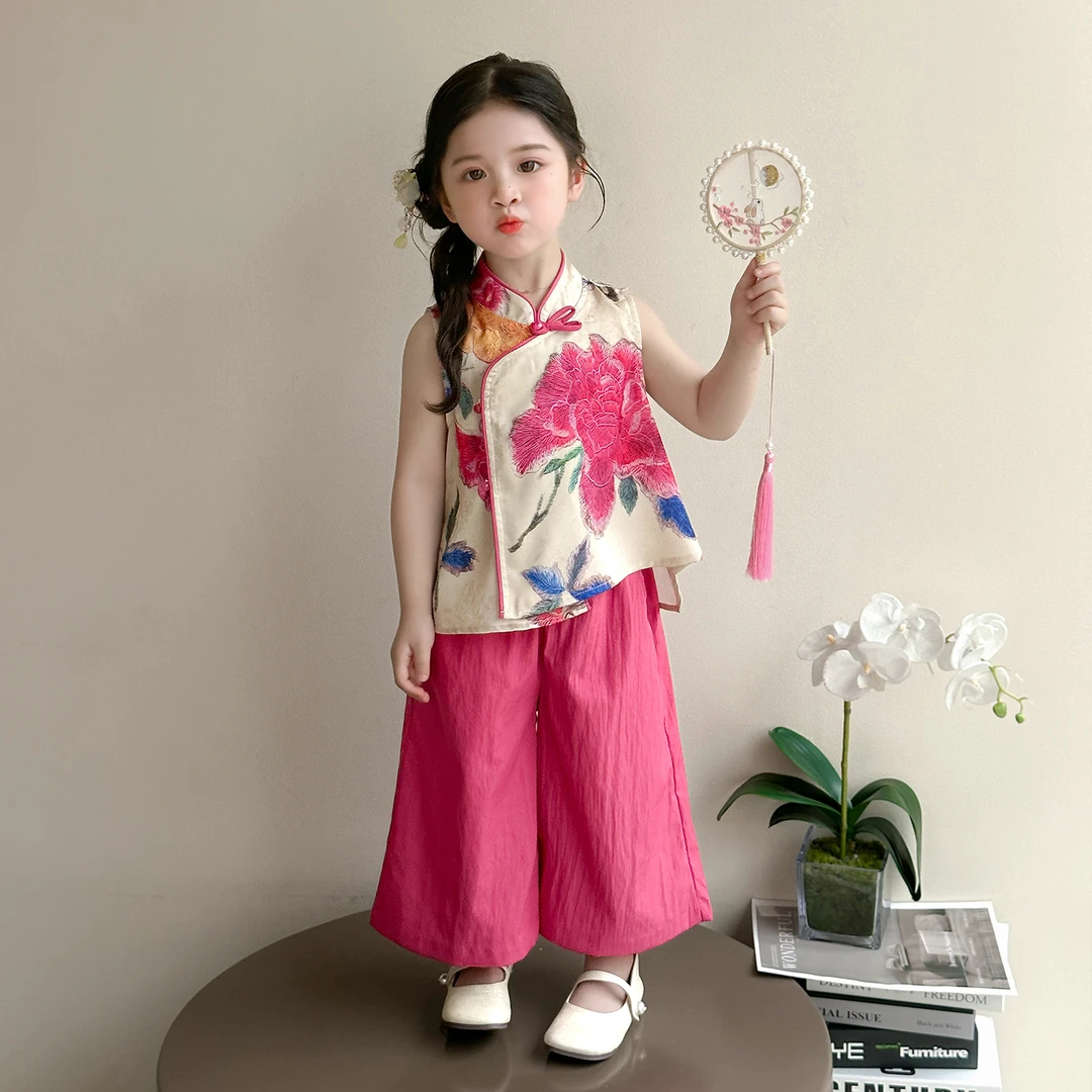 女童新中式套装洋气儿童夏季新款女宝宝阔腿裤国风两件套小女孩潮