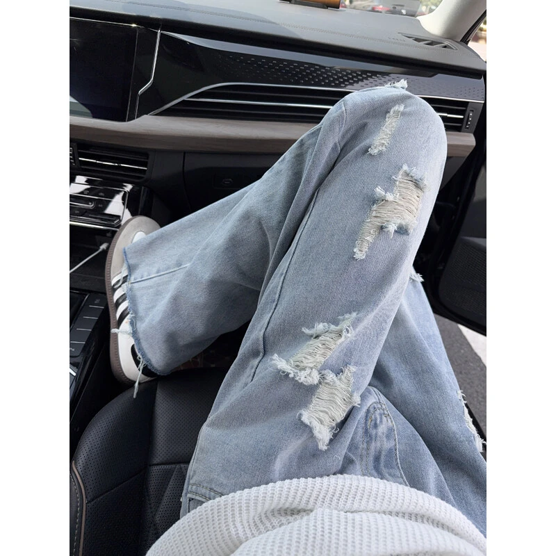 cleanfit破洞牛仔裤夏季休闲男款浅蓝色美式牛仔裤直筒修身长裤