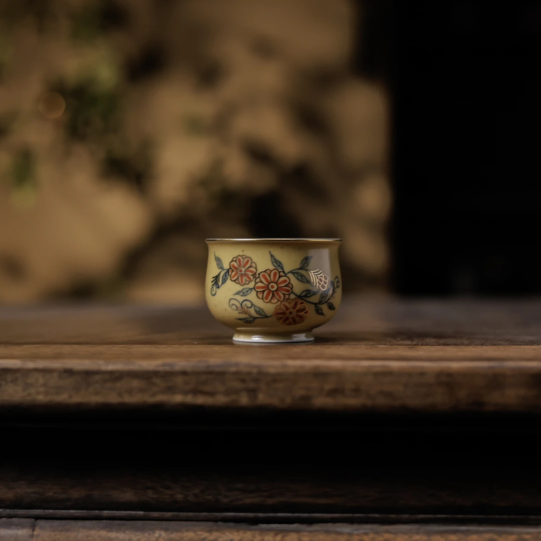 【小田甄陶】娇黄釉双菊-了物-炉式杯-125ml（了物0049）