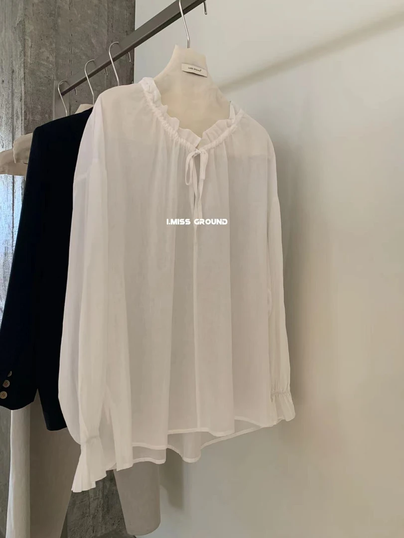 imiss@60711 韩系简约宽松百搭木耳边立领长袖衬衣（55的麻麻）7-5