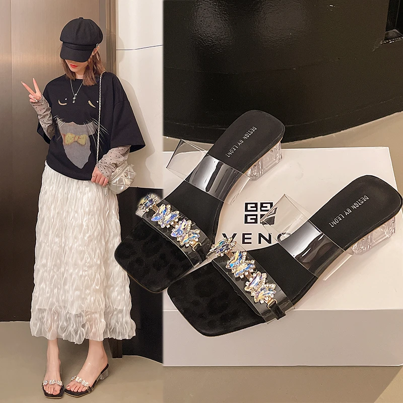 【小柒柒】仙女风水砖一字拖女士夏季时尚网红透明凉拖粗跟高跟鞋