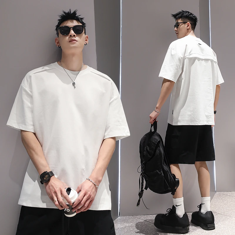 有术插肩袖拼接纯色重磅短袖T男夏季设计感宽松情侣5分袖圆领t恤