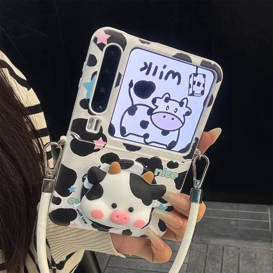 适用华为purax折叠屏手机壳黑白皮质pocket2立体奶牛磁吸支架手绳