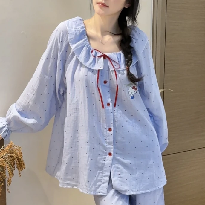 〈波点kitty〉韩系甜美波点娃娃领长袖长裤家居服套装