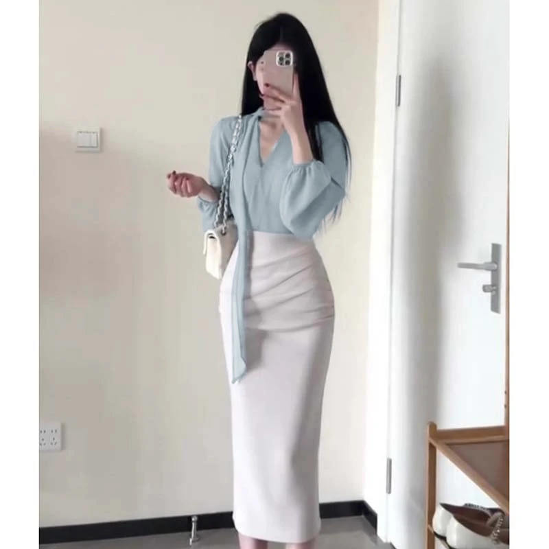 【两件套】女2025春秋装新款气质V领飘带衬衣+高腰时尚半身裙D3516