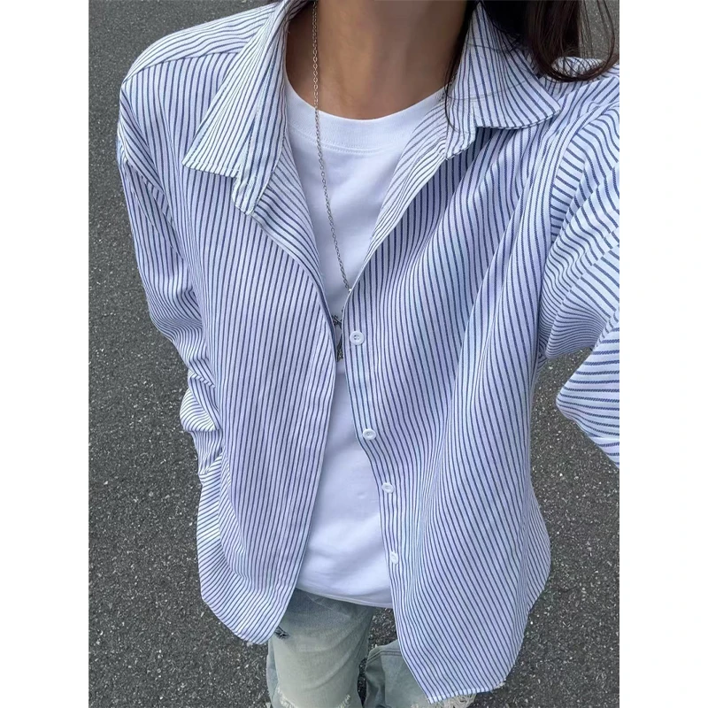 蓝白竖条纹长袖衬衫男夏季美式复古宽松百搭休闲衬衣情侣防晒外套