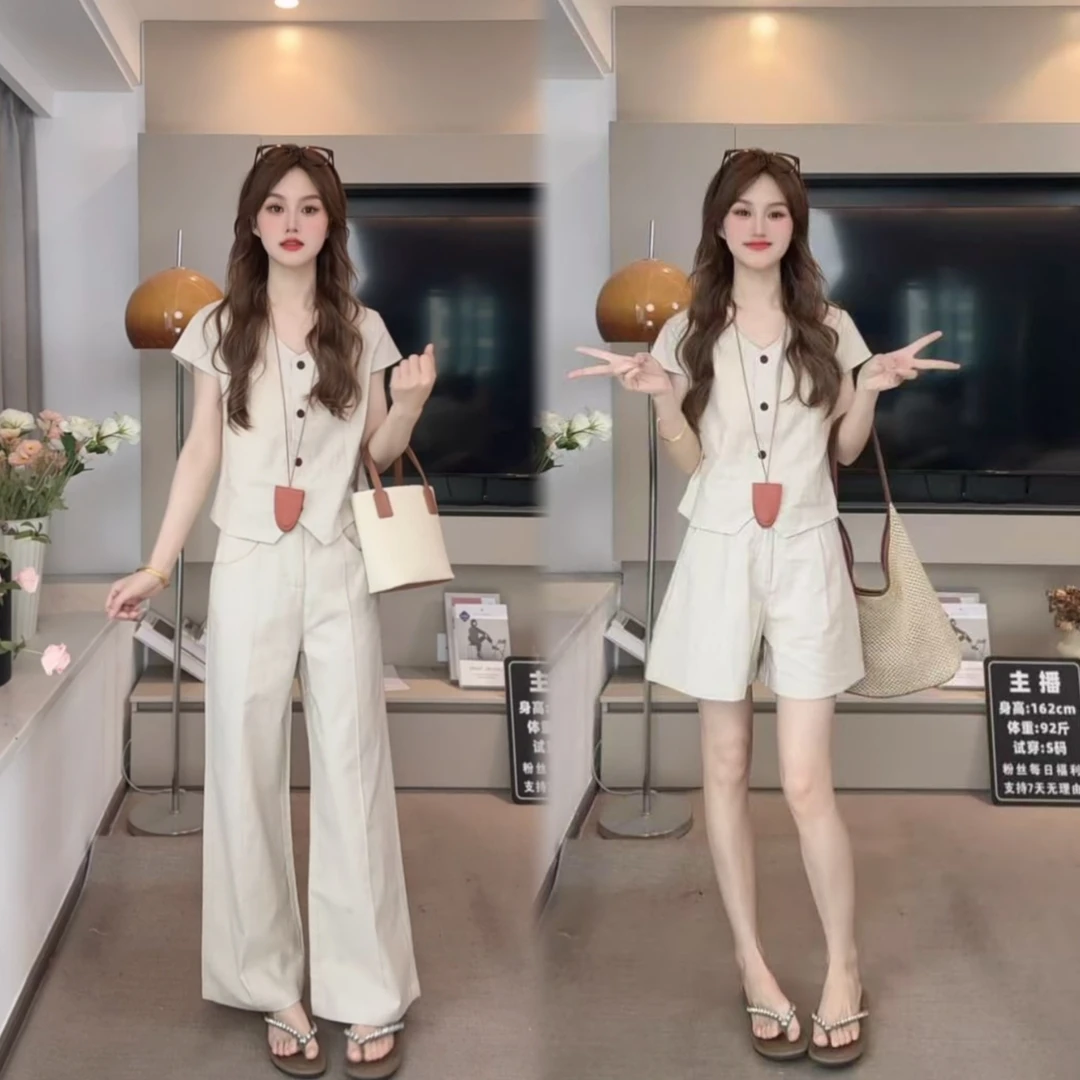 【夏款清仓库】简约杏色通勤亚麻套装女3130减龄韩系长短阔腿裤