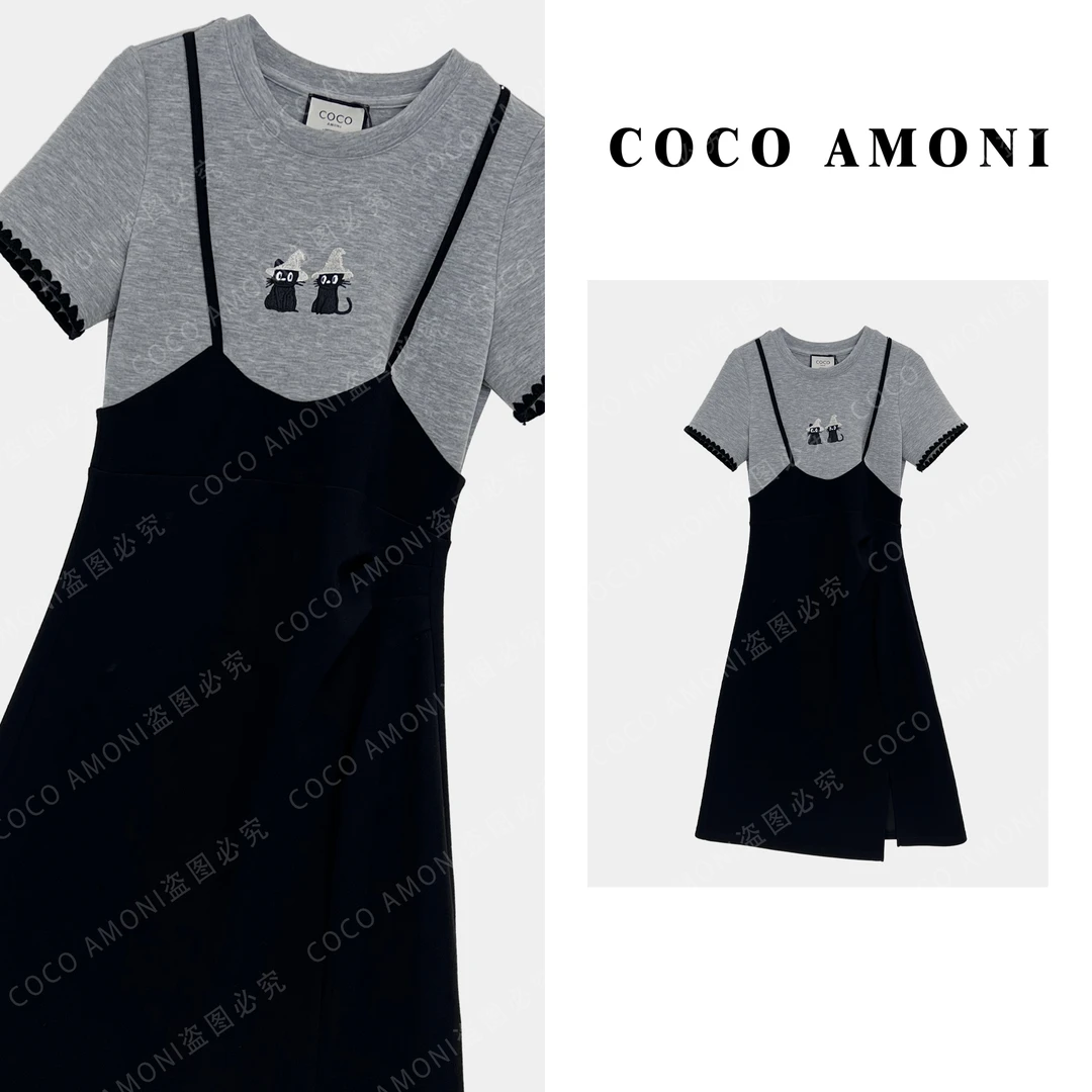 背带假两件撞色拼接刺绣小猫时尚减龄款连衣裙AC284