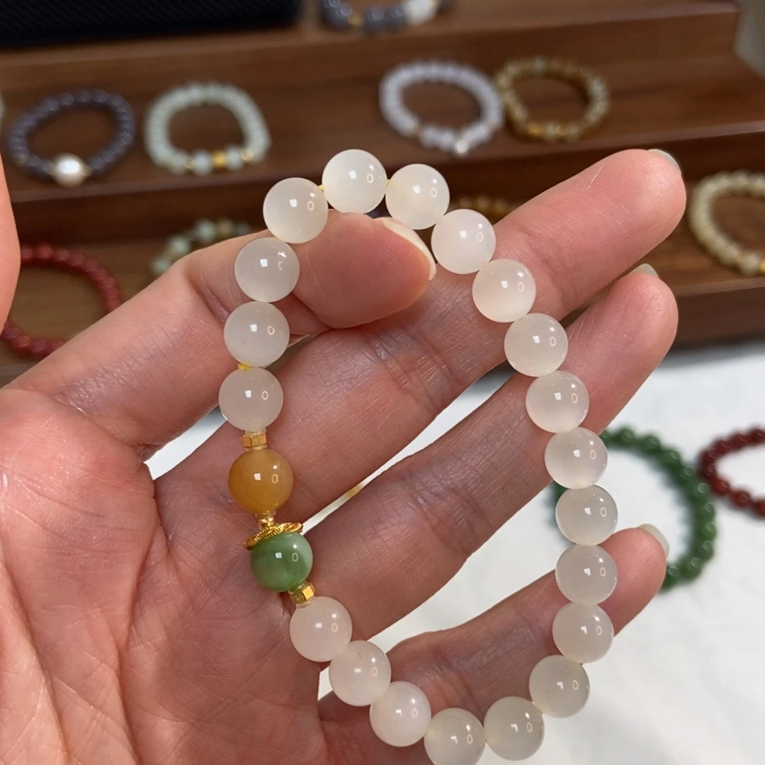 和田玉18K金镶嵌手链蜂蜜水8mm高冰底猫