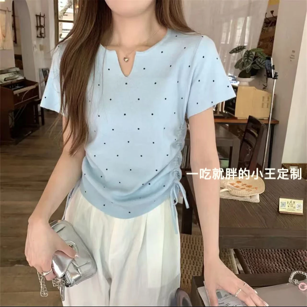 【小王家】G610波点半开领针织短袖夏季大码抽绳减龄高级感遮肉上衣