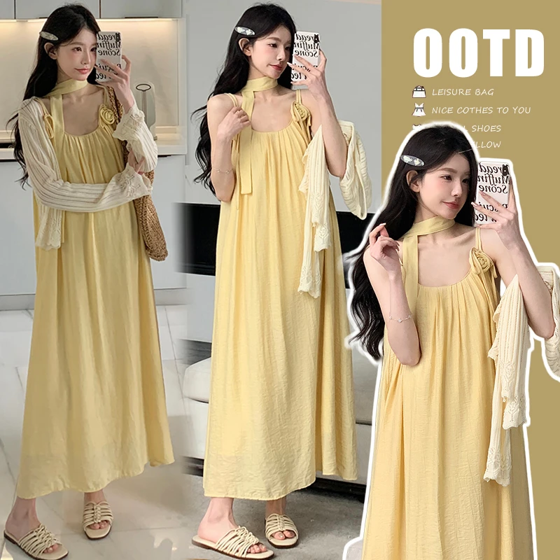 孕妇装实拍 2025夏季新品超仙孕妇吊带连衣裙+防晒衣 孕妇套装