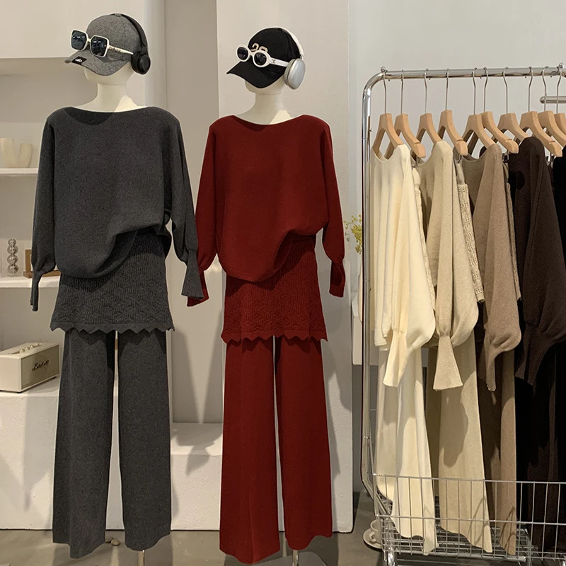 欧玛莱一字领蝙蝠袖针织上衣+钩花屁帘假两件长裤两件套实拍6206