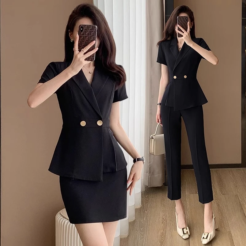 黑色短袖西装套装女夏季珠宝店酒店前台接待美容院职业气质工作服