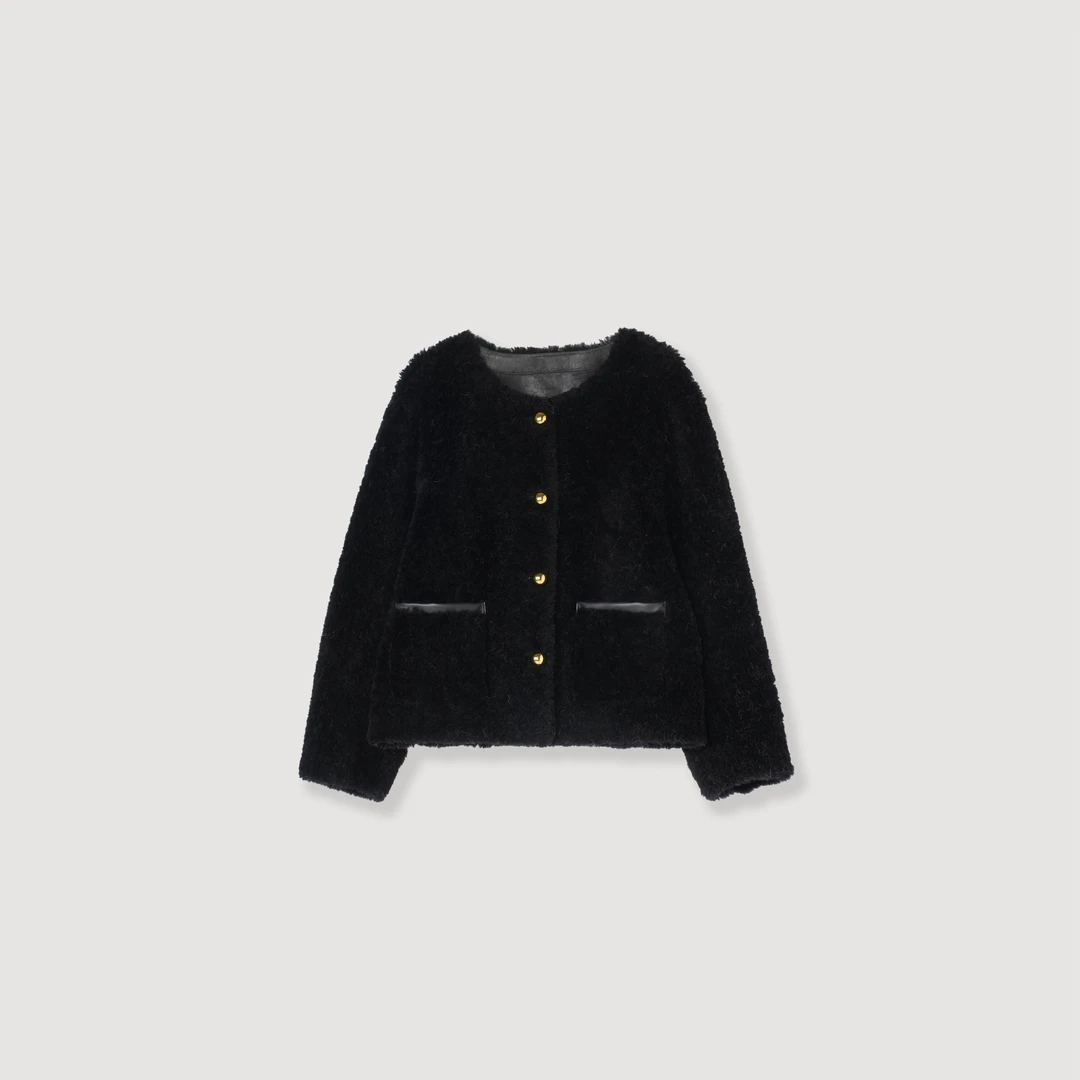 【伦敦千金】冬季新款高级黑100%羊毛圆领百搭短外套25A1412