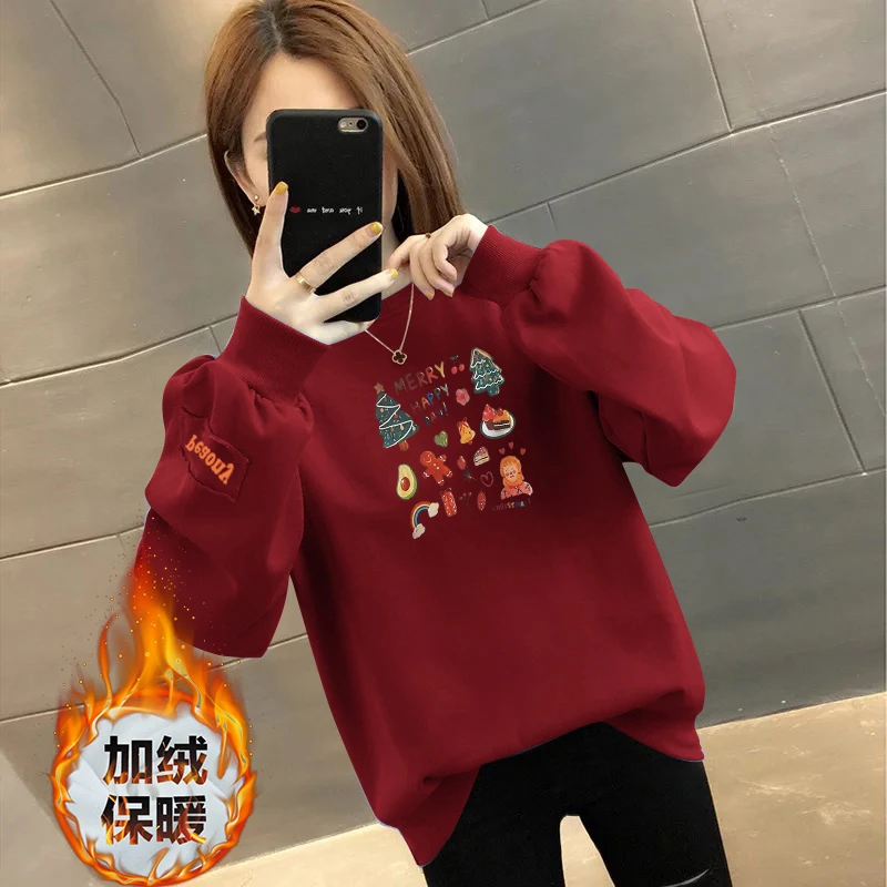 圣诞节穿搭战袍卫衣上衣长袖红色宽松加绒加厚氛围感穿搭学生秋冬