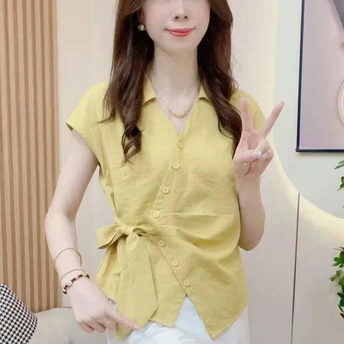2025气质绑带夏季新款系带收腰衬衫设计显瘦短袖减龄短袖上衣百搭
