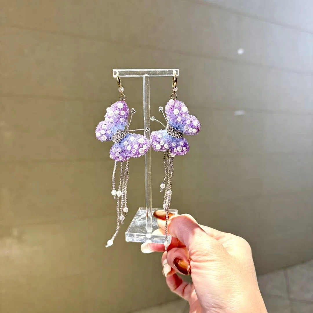 非金属合成锆石耳饰 【莫奈海之星】紫色贝珠流苏耳环设计优雅款