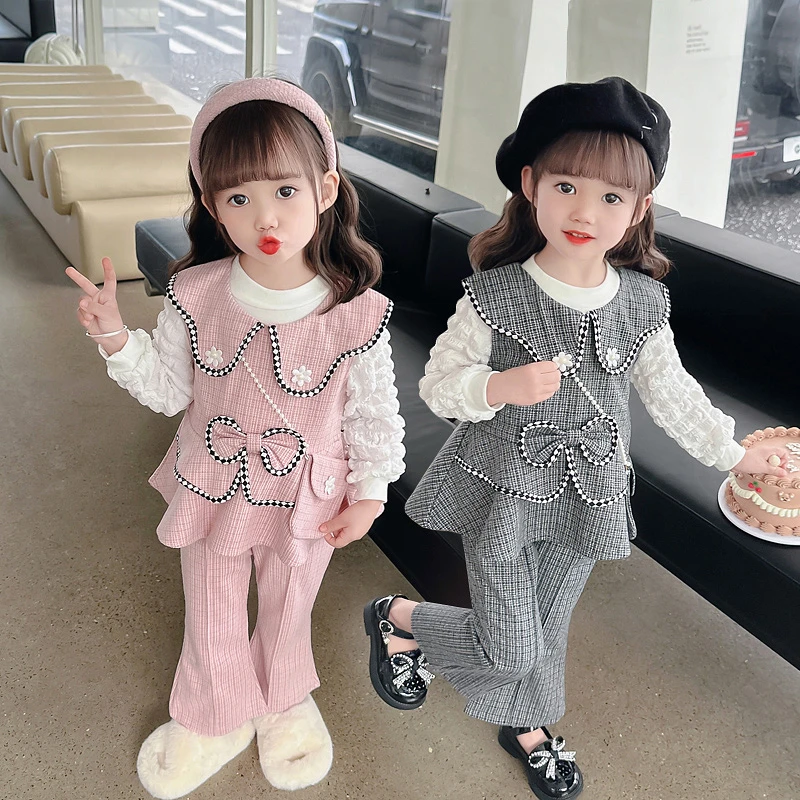 女宝宝春秋款套装女童新品小香风韩版气质蝴蝶结花朵娃娃领三件套