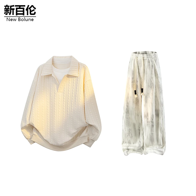 新百伦/NEW BOLUNE套装男款卫衣休闲裤假两件翻领长袖长裤两件装