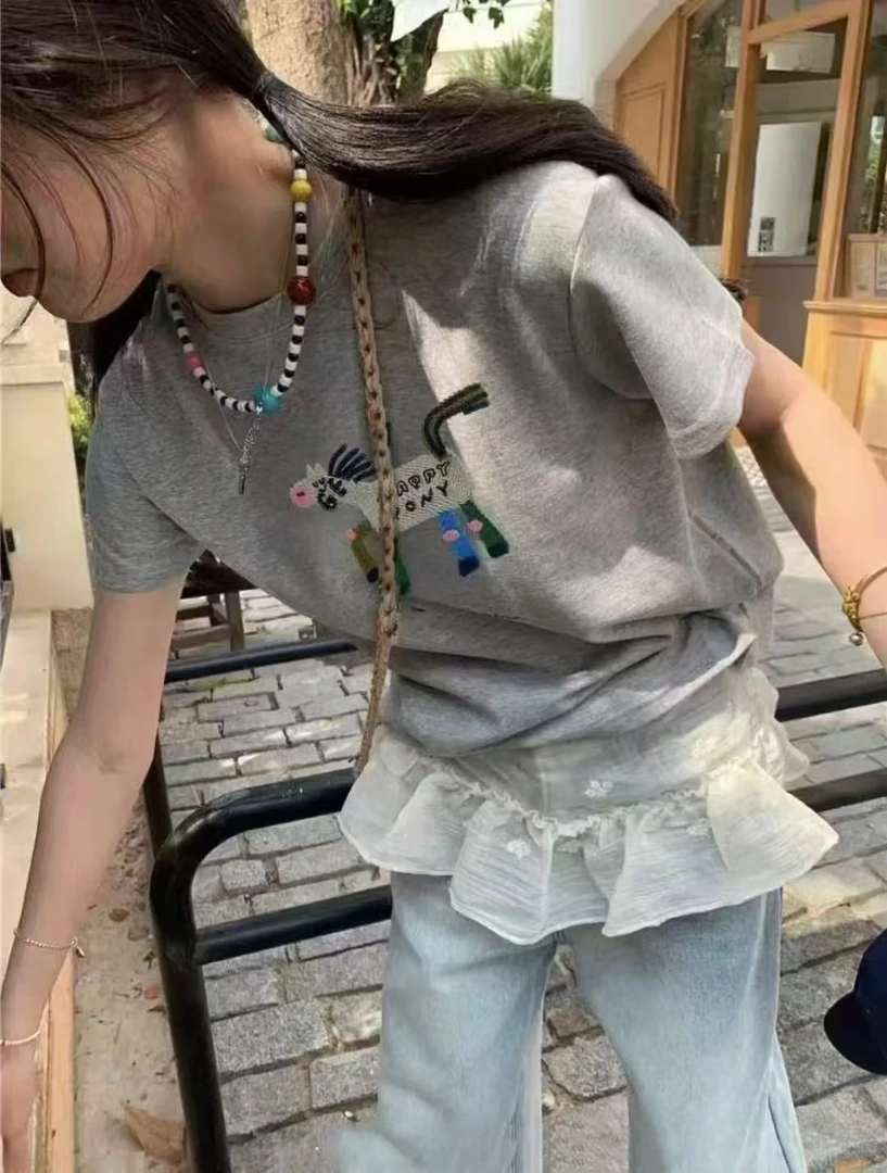 韩系减龄高级感彩色小马重工刺绣短袖T恤女春夏季上衣洋气超好看