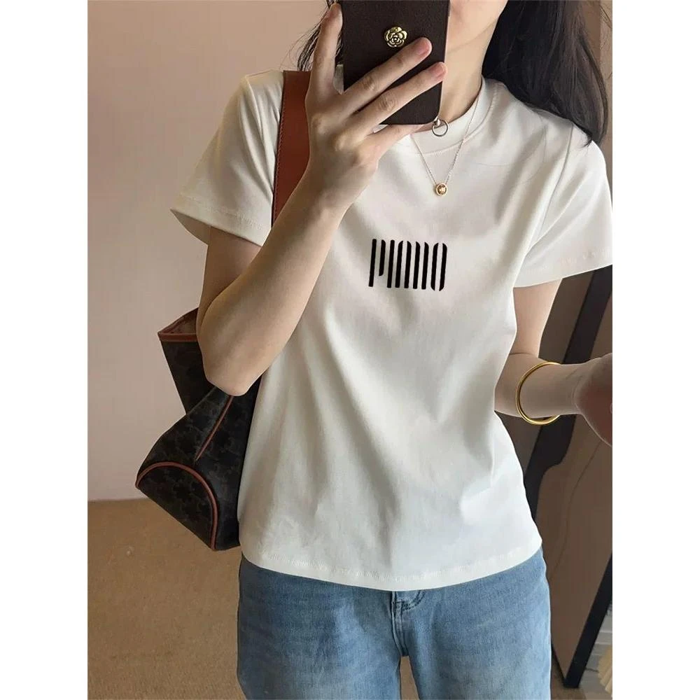 小众正肩纯棉ins短袖t恤女时尚洋气白色上衣百搭打底衫夏季女士