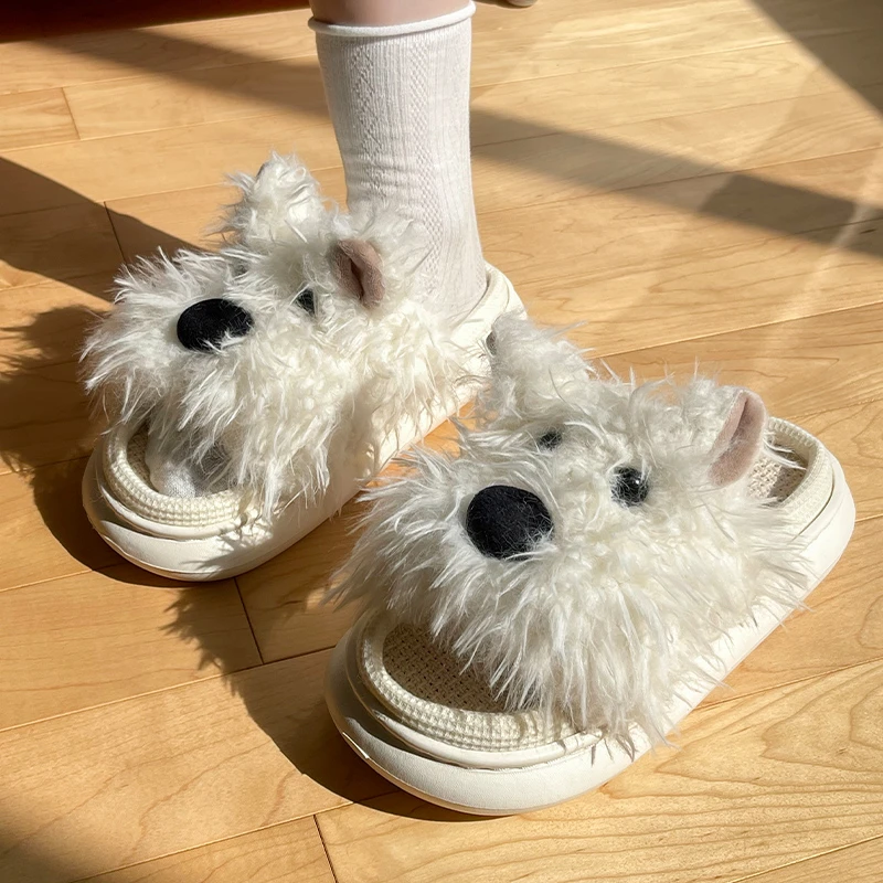 亚麻情侣潦草小狗西高地可爱室内女春秋棉麻拖鞋男士家用四季拖鞋