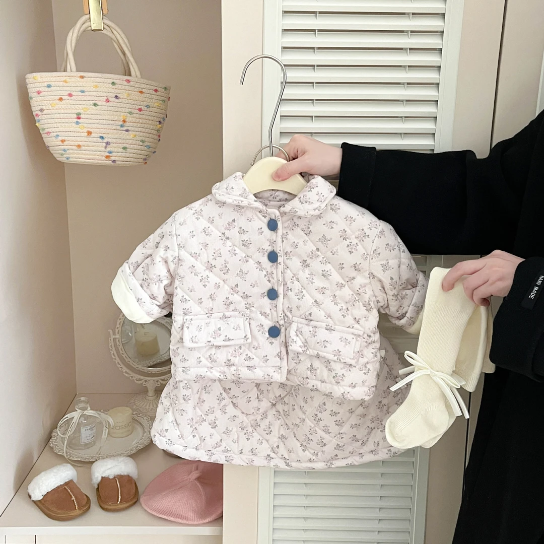 秋冬季女童洋气棉服小套装新款韩系宝宝碎花夹棉周岁保暖半身短裙