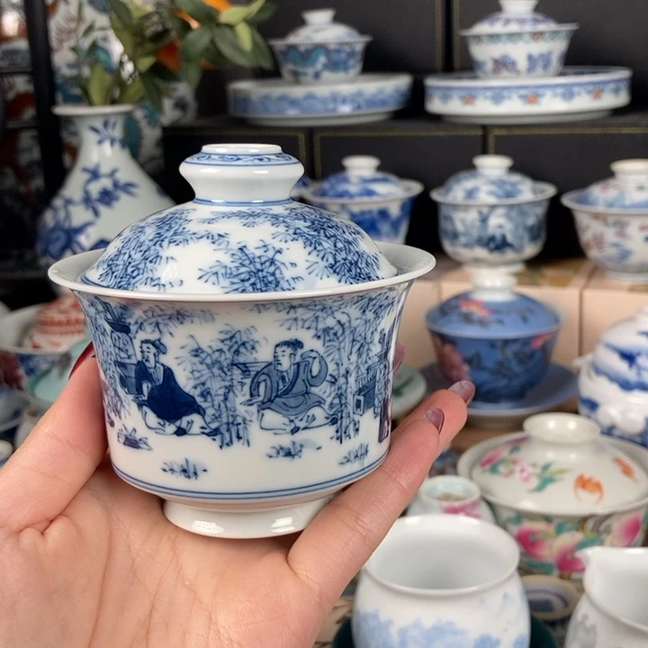 杯 折葵非器竹林七贤马蹄两才盖碗