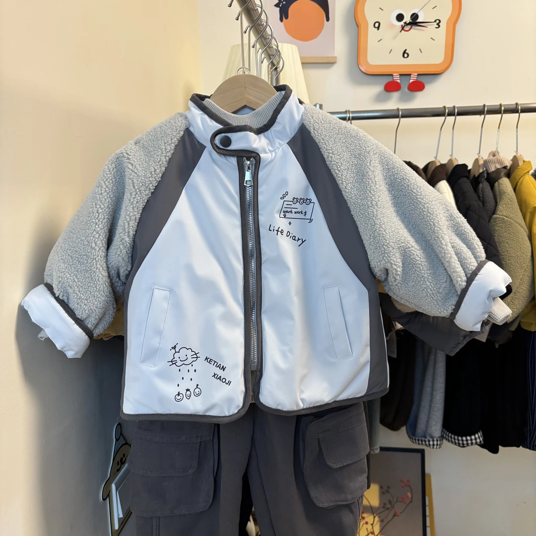 新品男童外套加绒加厚秋冬2025新款男童装洋气上衣儿童棉服毛韩系