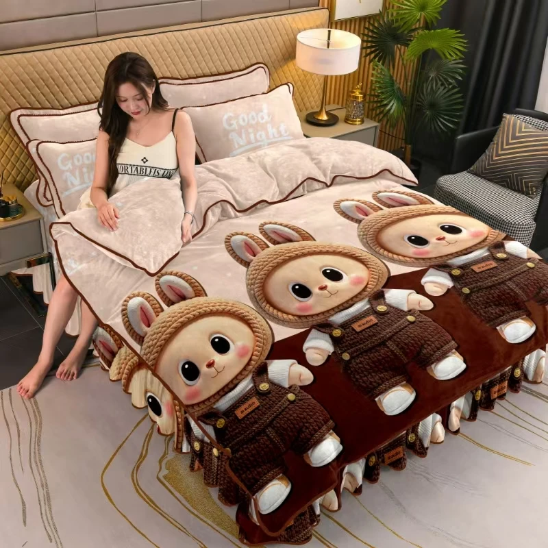 加厚牛奶绒四件套冬季保暖防寒加绒床品套件被套床单被罩宿舍