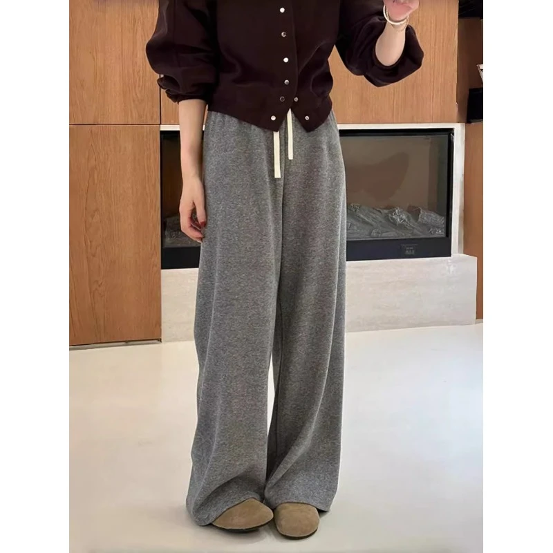 灰色窄版阔腿裤女秋冬新款宽松加绒直筒运动裤高腰垂感小个子卫裤