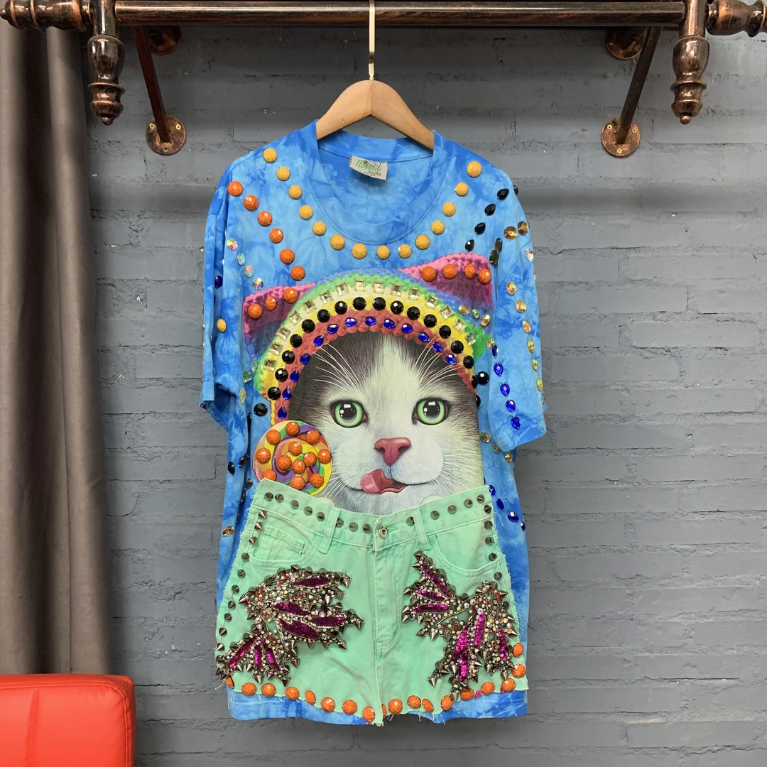假两件小猫蓝色扎染短袖