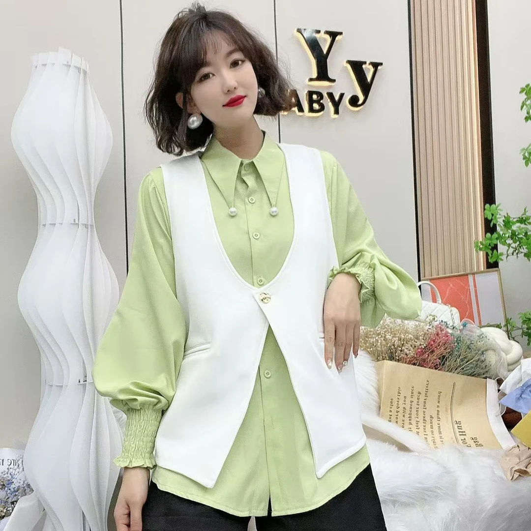 YY大码(绿色清新)时尚高级感遮肚气质减龄重工衬衫两件套上衣