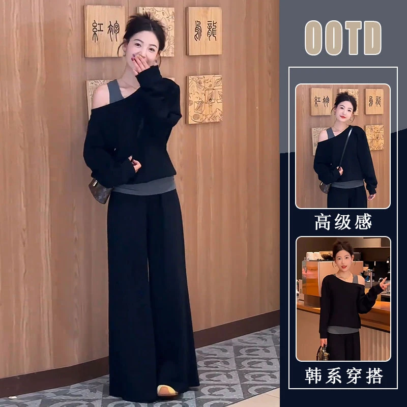 韩系一整套ootd穿搭假两件露肩卫衣阔腿休闲裤减龄显瘦遮肉两件套